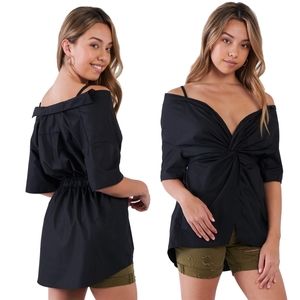 Black Off The Shoulder Front Twist High Low Top